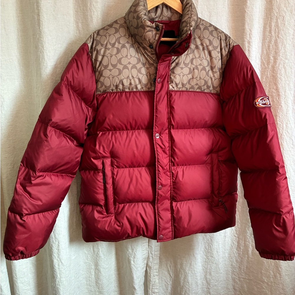 Coach Deep Red and Tan Signature Down-Filled Puffer Jacket